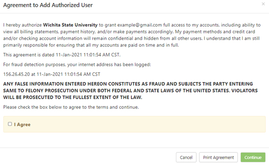 Agreement to add Authorized User screen