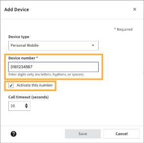 Device number dialog showing numbers with no spaces