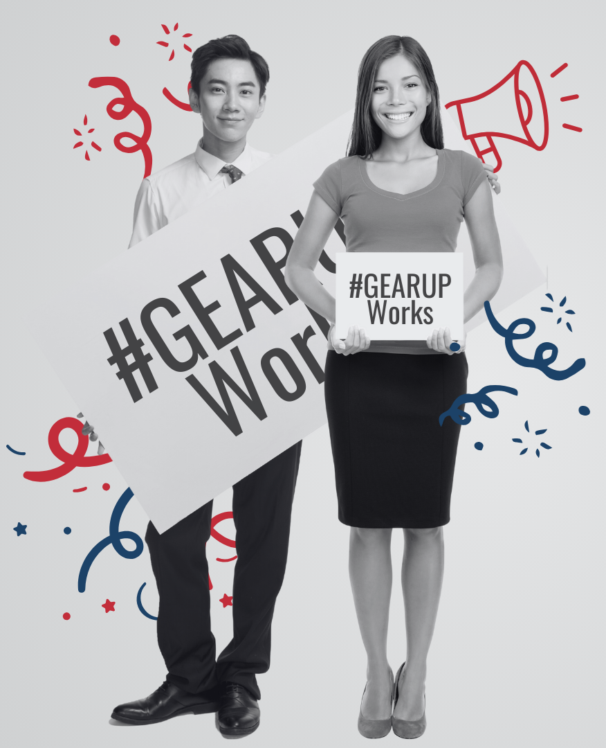 A male and female student holding GEAR UP Works placard.