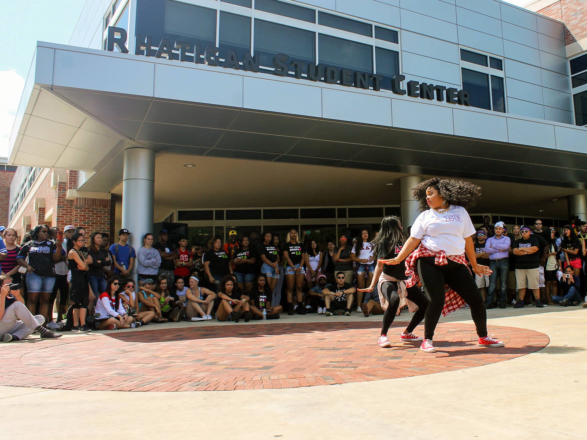 Sorority students dancing in front of the RSC.