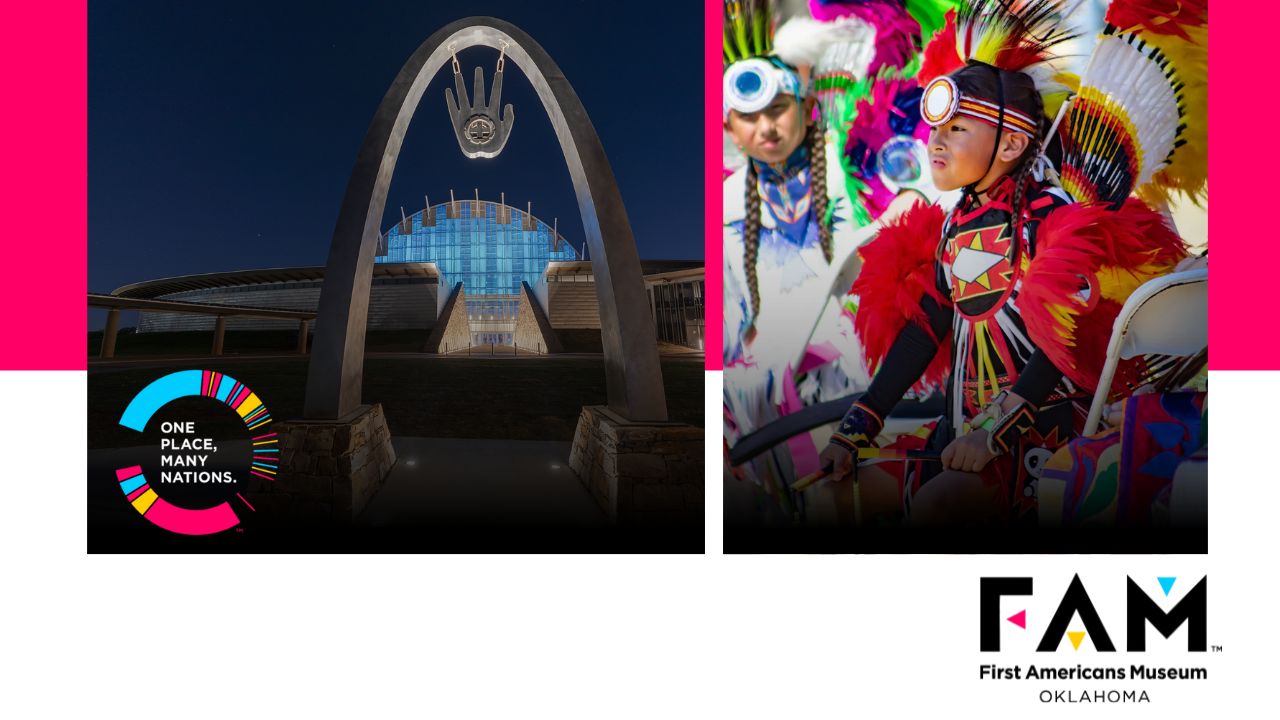 Image with two photos, one of the First Americans Museum the other photo features a young male dressed in regalia at a pow wow