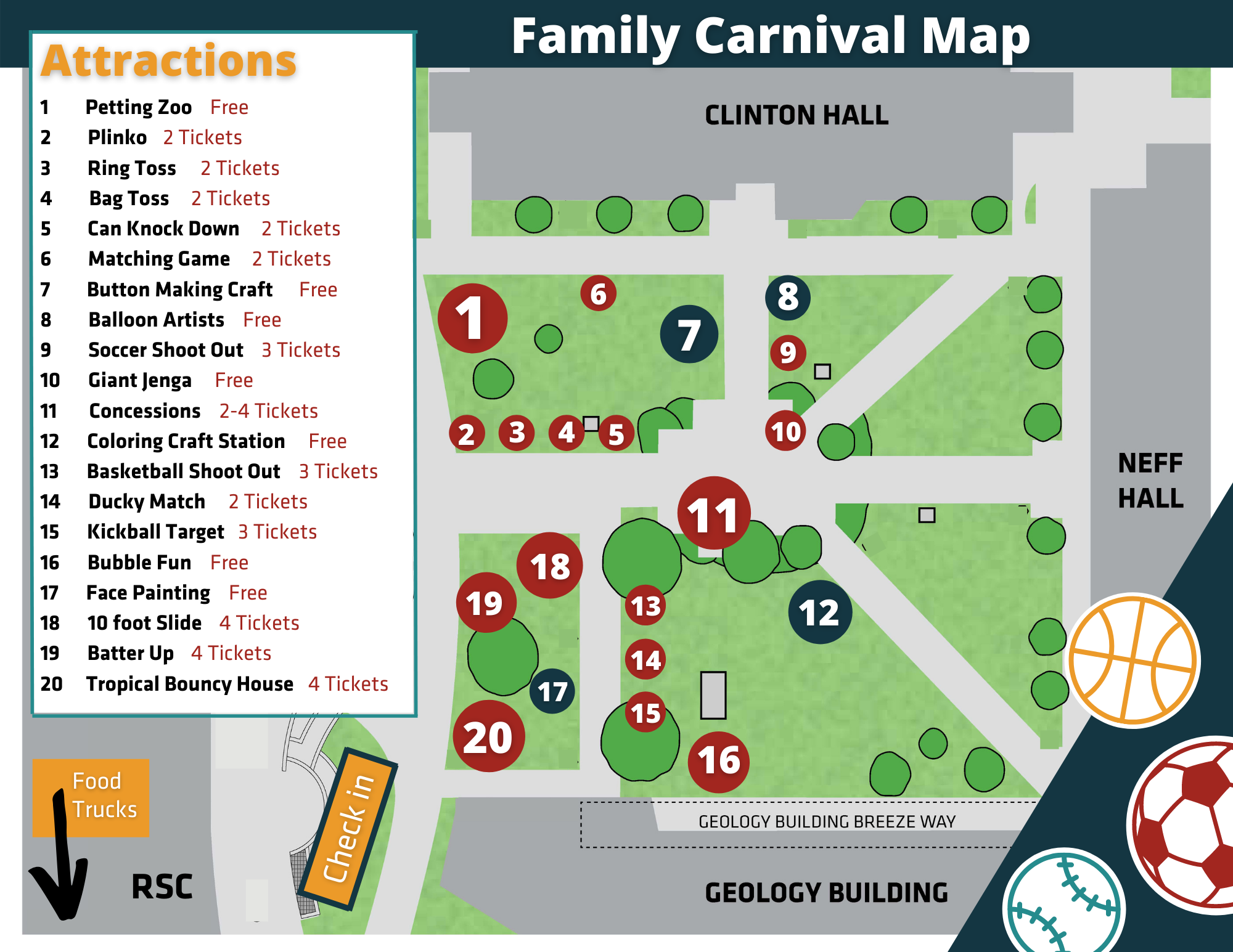 a visual layout of all attractions at family carnival. Total of 20 activities both free and ticketed in the RSC East Courtyard