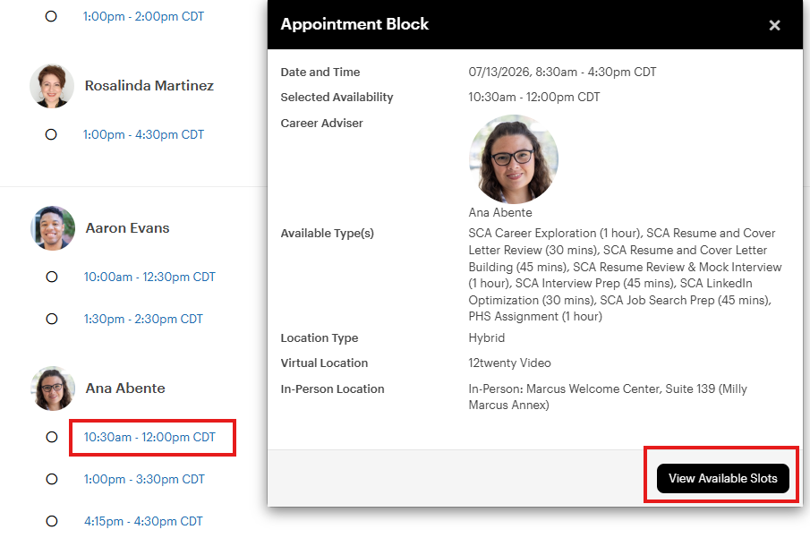 Shocker Central Student 03B View Appointment Slots