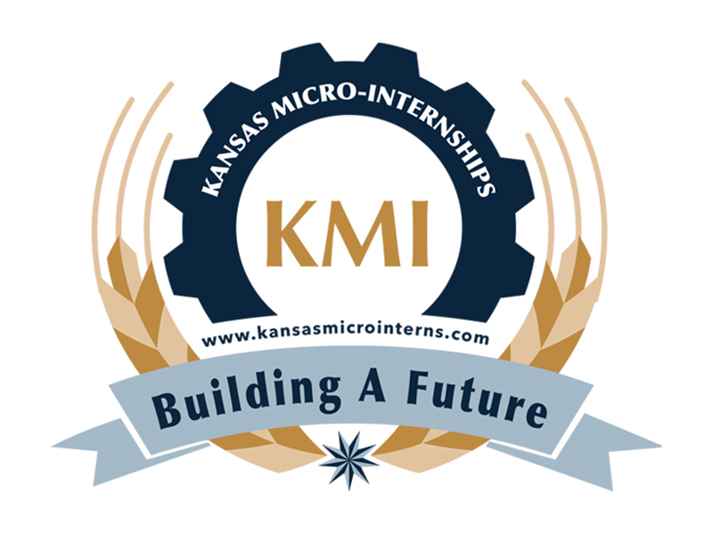 Image of Kansas Micro-Internships logo. It's navy and gold with a gear icon and wheat and says "building a future" "KMI" and then lists the website "www.kansasmicrointerns.com"