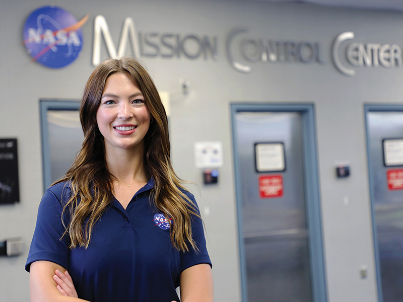 Wichita State student, Lauren Coffman, works at her NASA Pathways Internship in Human Health and Performance at Johnson Space Center (JSC).