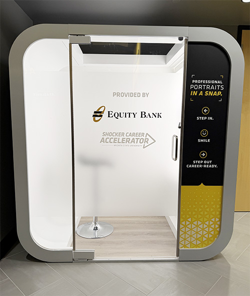 Front view of the Shocker Career Accelerator photo booth.