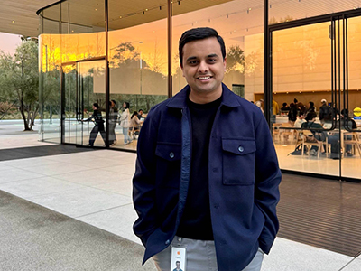 Prasad Sathya Pranav stands in front of his office at Apple in California.