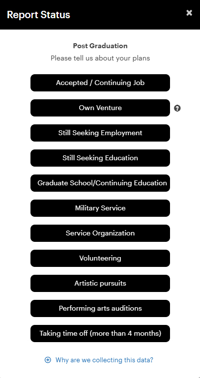 Post Graduation survey screen showing different employment and education options.
