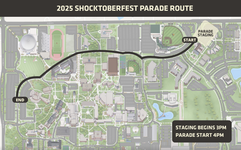 Parade route from Marcus Welcome Center, along perimeter road, ending at Duerksen Amphitheatre